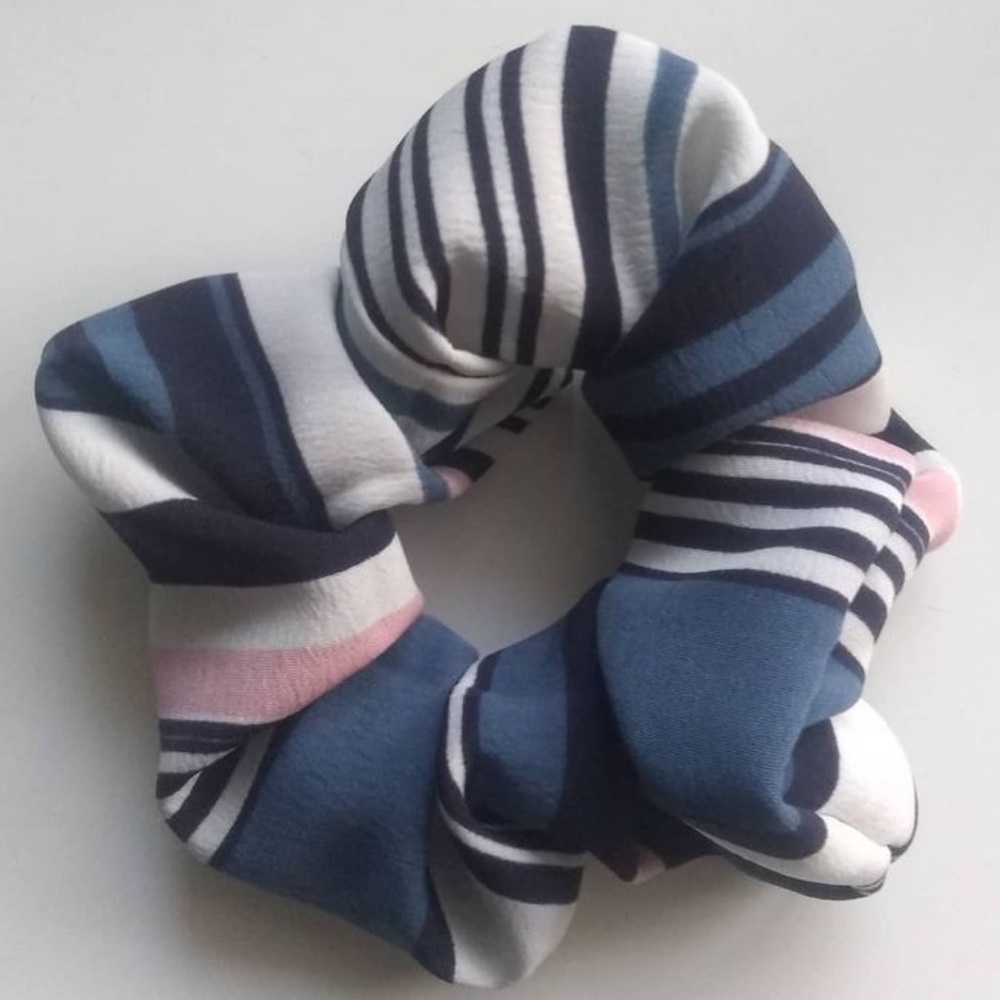 Handmade striped pink white and blue scrunchie